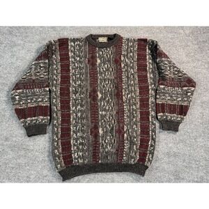 Vintage Cortina Italia Sweater Mens Large Burgundy 3D Pattern Knit Wool Blend